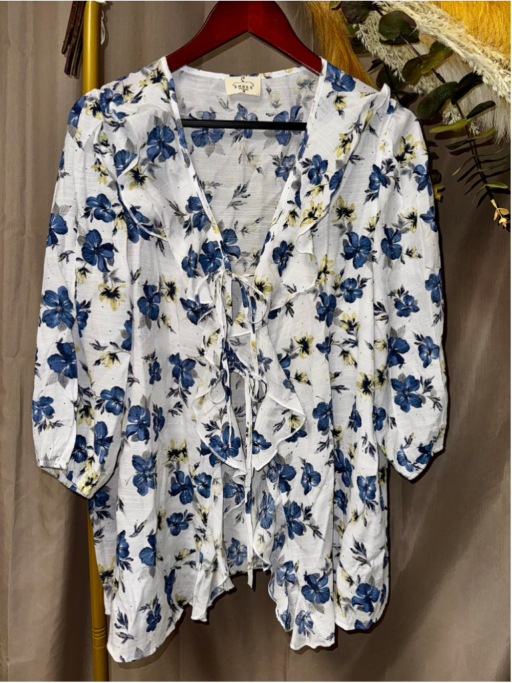 Anthropologie Ember Floral Ruffle Cardigan Blouse White Blue Size 1X